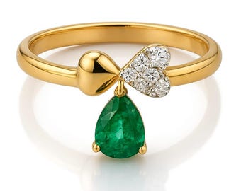 Unique Real Emerald Diamond Ring - 14k Gold Emerald Ring - Women Proposal Ring For Women