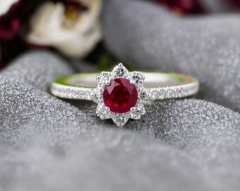 Lab Ruby diamantring - 14k guld juli födelsestensring - Elegant rubinring - Vacker rubinring - Förlovningsring med rubin, äkta rubinring