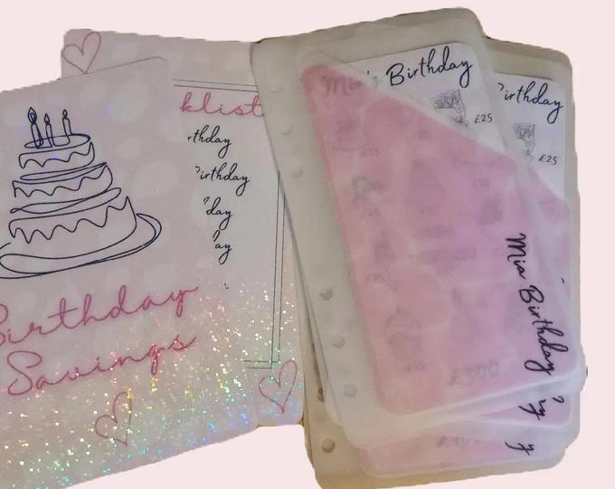Holographic birthday tracker set with cover and dashboard and matching twin pocket vellum envelopes. personalise names and amounts.