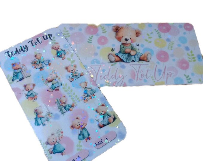 Teddy tot up savings challenge tracker and matching wallet insert. holographic finish and choose your own icons.