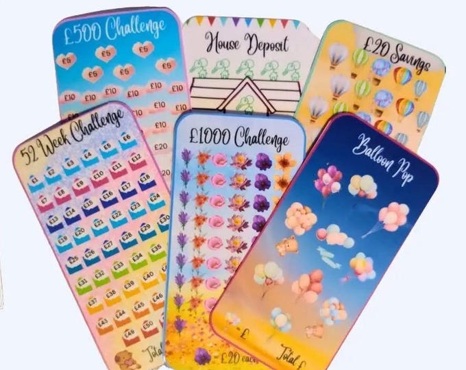 Cash saving challenge cards mixed bundle – house deposit, balloon pop, 500 saver, 1000 saver, 52 week saver