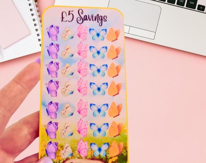Cash saving challenge cards for cash stuffing binder a6 size – five pound saver card. cash stuffing. save 175 pounds - butterfly design.