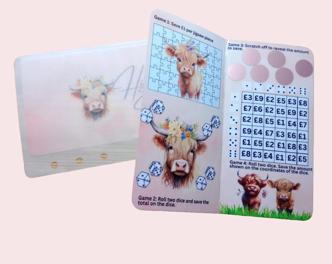 Highland cows themed folding savings tracker card with matching vellum envelope to fit binder a6 size for cash stuffing.