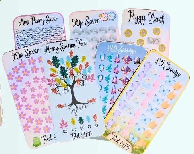 Cash saving challenge cards starter bundle - mini penny saver, 50p saver, 20p saver, piggy bank, money-saving tree card bundle