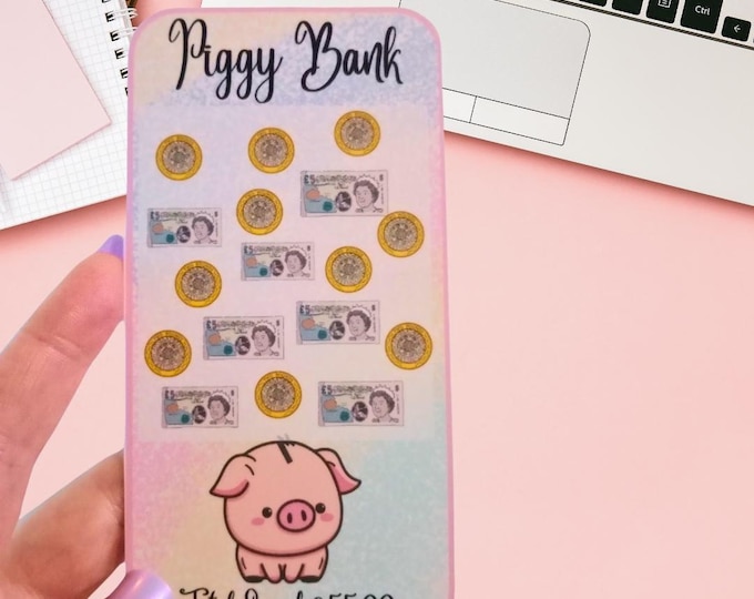 Cash saving challenge cards for cash stuffing binder a6 size – piggy bank saver card. cash stuffing favourite save fifty five pounds.