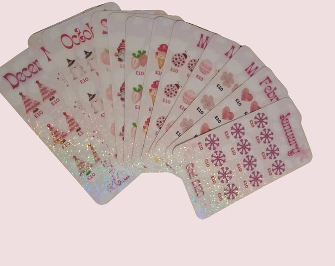 Holographic annual tracker set in pink plus matching 12 custom twin pouch vellum envelopes