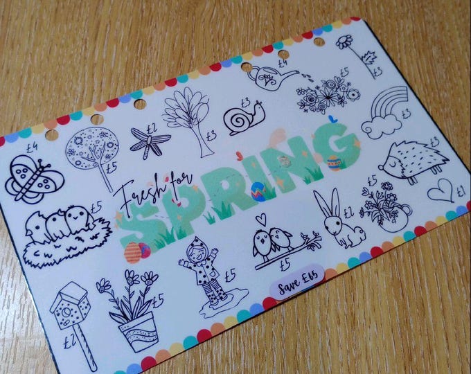 Fresh for spring colour and save savings challenge. save 65 by colouring and saving the icons on the tracker.