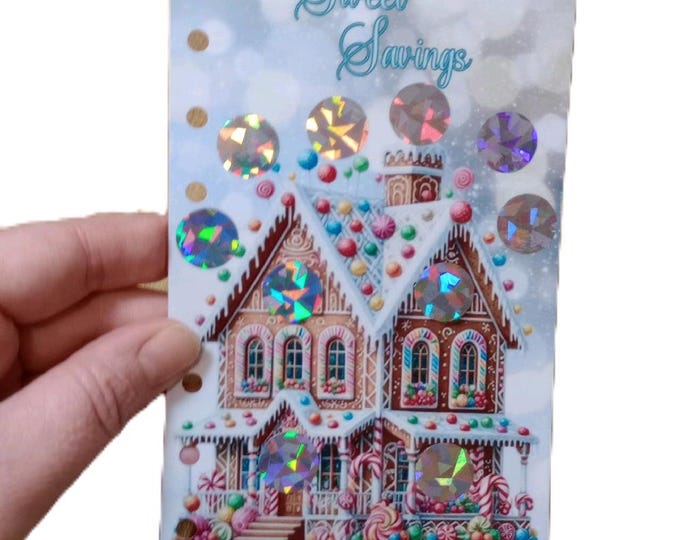 Sweet savings. christmas gingerbread themed scratch and save tracker. dashboard sized. save 50.