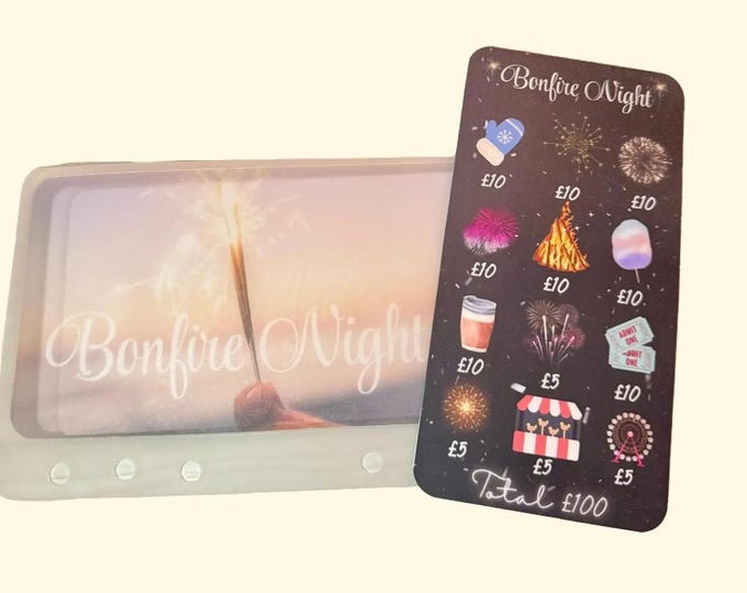 Bonfire night savings card with matching vellum envelope to fit binder a6 size for cash stuffing. save a total of 100.