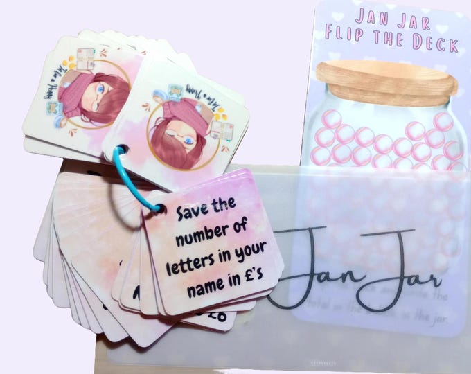 Jan jar - flip the deck savings challenge. includes, double sided tracker, vellum and 50+ mini cards on flip ring, to save for jan 2026.
