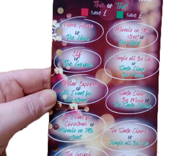 Christmas movie "this or that" savings challenge tracker a6 dashboard size choose your own icon amounts perfect for festive savings