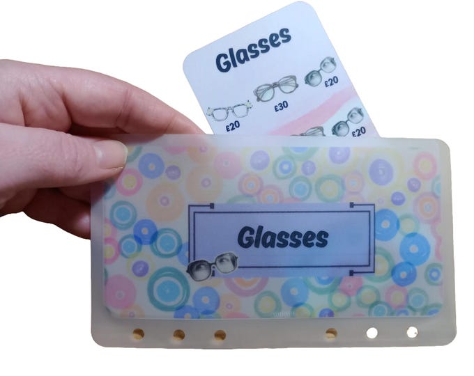 Glasses saver tracker card with matching vellum envelope to fit binder a6 size for cash stuffing. save a total of 500