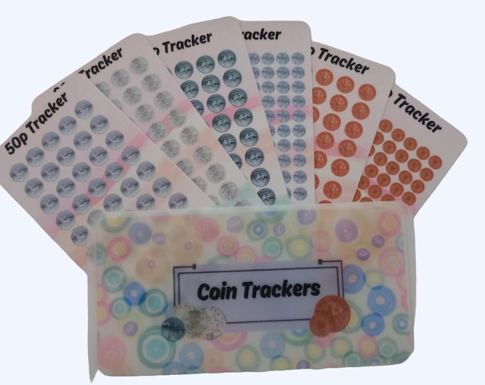 Coin trackers challenge cards with matching vellum envelope to fit binder a6 size for cash stuffing. keep track of your coins.
