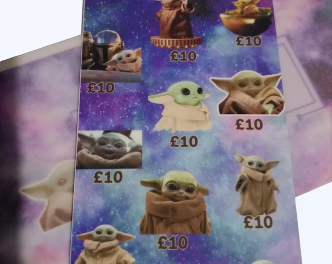 Baby yoda saver tracker card with matching vellum envelope to fit binder a6 size for cash stuffing. save a total of 100