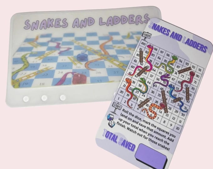 Snakes and ladders savings card and matching vellum envelope for cash stuffing binder a6 size.