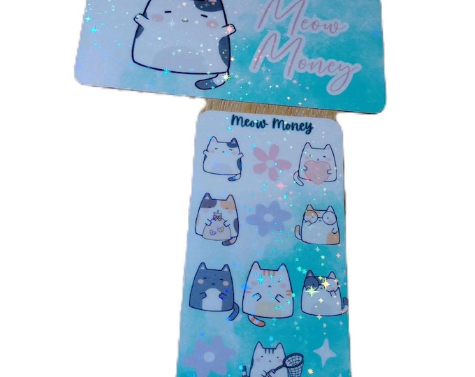 Meow money savings challenge tracker. choose your own icon amounts. cute kawaii cat themed with holographic finish and matching insert card