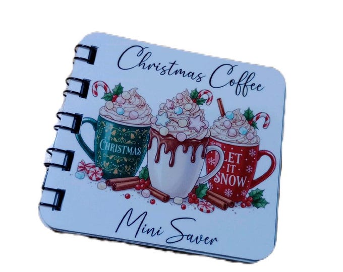Christmas coffee mini savings book. 12 pages of christmas coffee themed scratch offs. wire bound mini book.