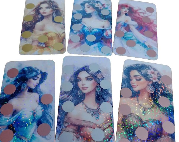 Set of 6 princess scratch off savin trackers with holographic overlay.