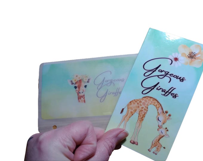 Gorgeous giraffes themed folding savings tracker card with matching vellum envelope to fit binder a6 size for cash stuffing.