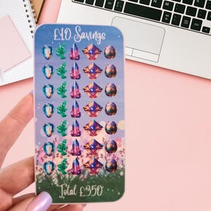 Tarjetas de desafío para ahorrar dinero en efectivo para carpeta de relleno de efectivo tamaño A6: tarjeta de ahorro de diez libras. Relleno de efectivo. Ahorre 350 libras - diseño de cristal.