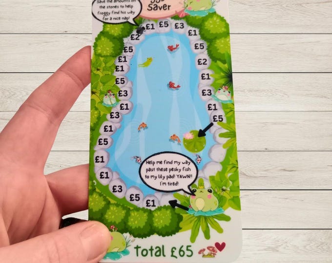 Cash saving challenge cards for cash stuffing binder a6 size. froggy fun game savings card. cash stuffing. save 65 pounds. game saving card