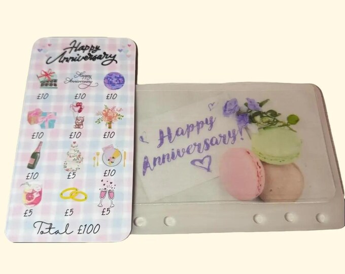 Anniversary savings card with matching vellum envelope to fit binder a6 size for cash stuffing. save a total of 100.