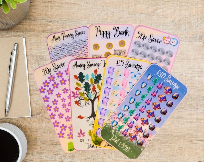 Cash saving challenge cards starter bundle – mini penny saver, 50p saver, 20p saver, piggy bank, money-saving tree card bundle cash stuffing