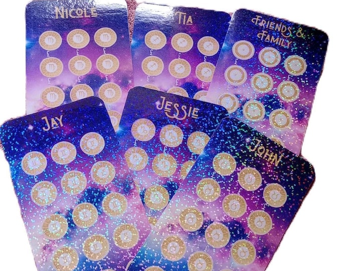 Zodiac sign themed birthday tracker card set - personalised name cards for 6 8 or 10 special birthdays by zodiac sign
