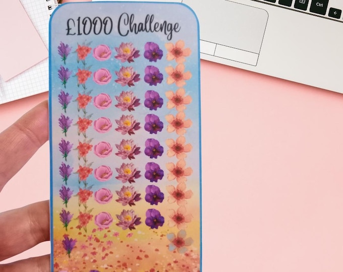 Cash saving challenge cards for cash stuffing binder a6 size – thousand pound saver card. cash stuffing. 20 pounds icons - flower design.