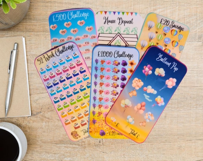Cash saving challenge cards mixed bundle –  house deposit, 20 saver, balloon pop, 500 saver, 1000 saver, 52 week saver, cash stuffing
