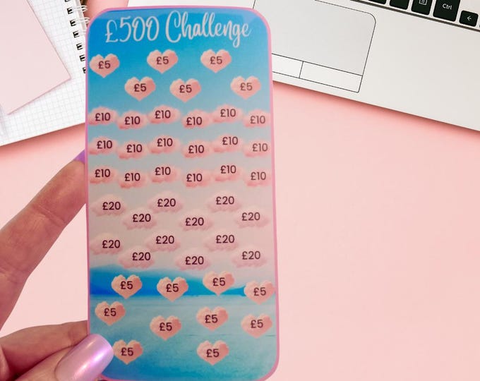 Cash saving challenge cards for cash stuffing binder a6 size – 500 saver card. cash stuffing. mixed amount icons - cloud design.