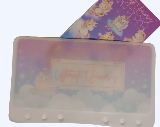 Unicorn themed tracker card with matching vellum envelope to fit binder a6 size for cash stuffing. save a total of 100
