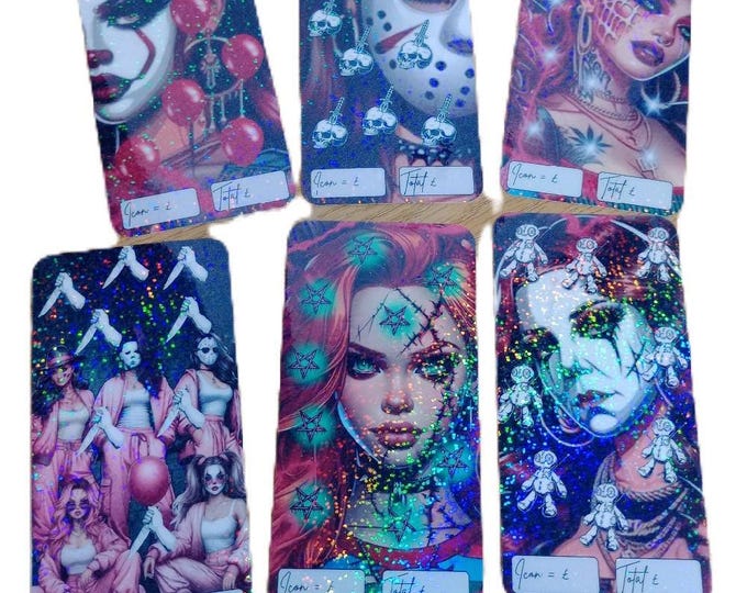 Female serial killers set of 6 savings challenge cards with holographic overlay. set your own amounts icons.