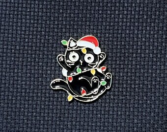Christmas Cat Needle Minder for Cross Stitch Embroidery, Decorative Christmas Magnet, Black Cat, Lights, Santa Hat, Magnetic, ADULT CRAFT