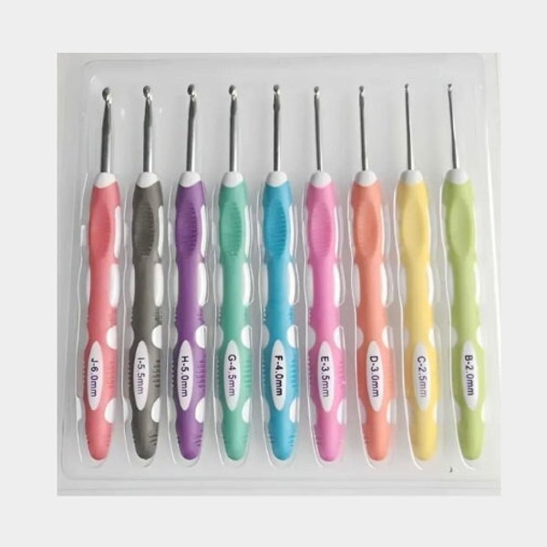 Ergonomic Grippy Crochet Hooks, 2mm, 2.5mm, 3mm, 3.5mm, 4mm, 4.5mm, 5mm, 5.5mm, 6mm, 4, O, OO, G, 7, H, I, J