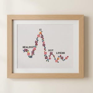 Padrão de ponto cruz, A cura não é linear, Ponto cruz colorido, Padrão de ponto cruz floral, Saúde mental, Padrão de bordado