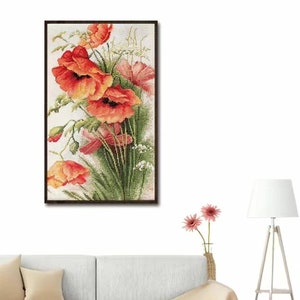 Stamped Cross Stitch Kit, Floral Poppy Flowers Cross Stitch Kit, X-Stitch, Beginner, Nature, DIY Craft Kit, Embroidery Kit, Red, Yellow