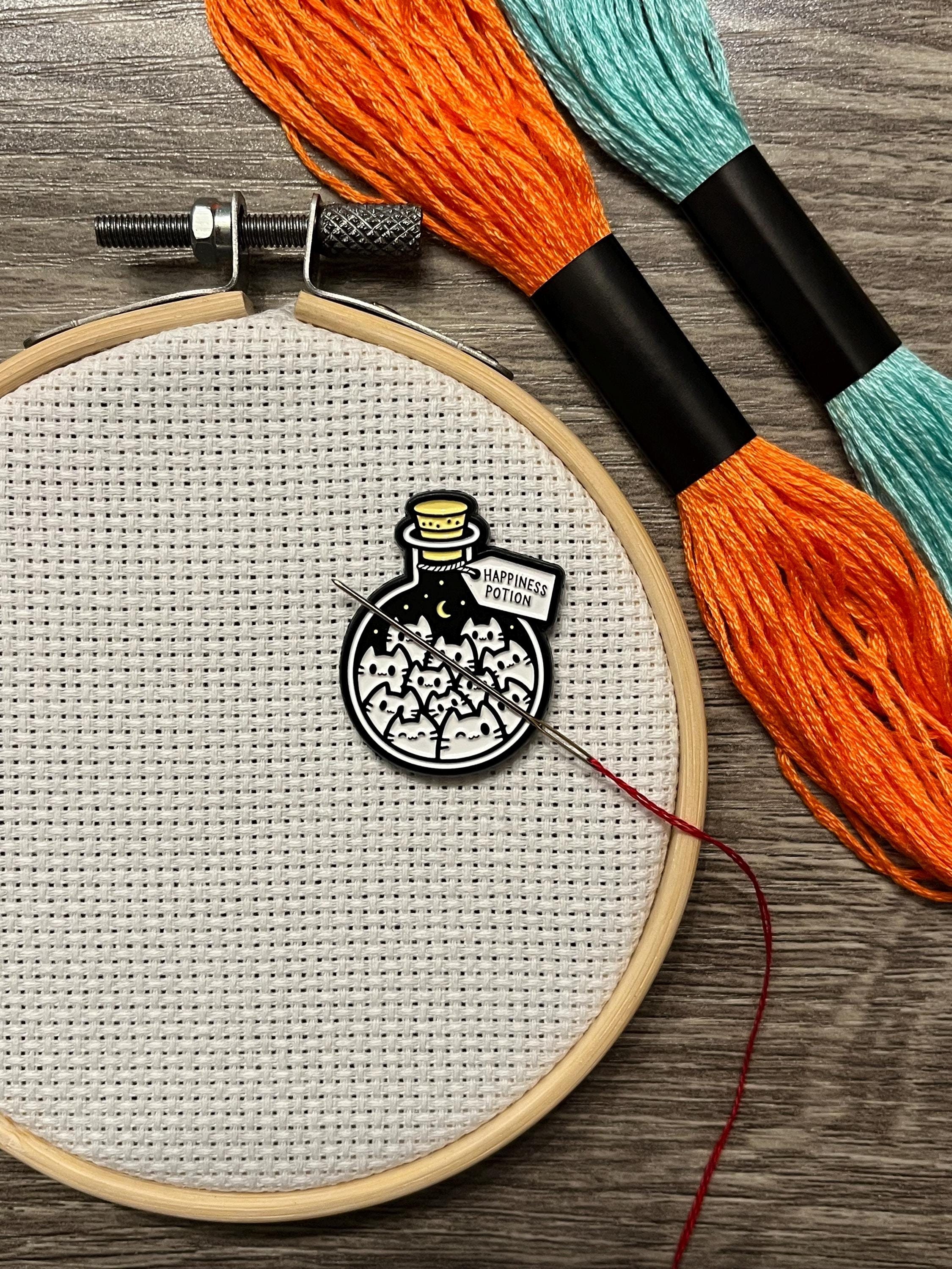 Happiness Potion Needle Minder for Cross Stitch, Embroidery, Decorative Magnet, Black Cat, Cute White Kitty Needle Keeper