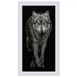 May include: A framed artwork featuring a detailed illustration of a gray wolf with piercing yellow eyes against a black background. The wolf is depicted in a realistic style, with its fur rendered in shades of gray and white.