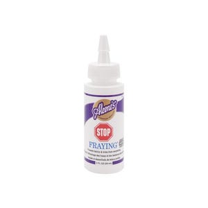 May include: A clear plastic bottle with a white cap and a purple label that says "Aleene's" and "Stop Fraying". The bottle contains a liquid that prevents fabrics and trims from unraveling. The bottle is 2 fl oz (59 ml).