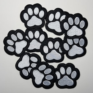 Paw Print Iron-On Patch, Embroidered Paw Patch, Black and White