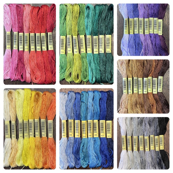 Embroidery Floss Color Bundle, Pack of 8, Six Strand 8 Meters Cross Stitch Thread, DMC Color, Red, Yellow, Green, Blue, Purple, Brown, Gray