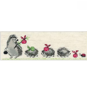 May include: A whimsical illustration of a family of hedgehogs, each with a bundle on their backs. The lead hedgehog carries a small black bag. The bundles are red and green with white polka dots. A ladybug follows the hedgehogs.