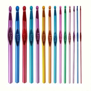 May include: A set of 14 colorful crochet hooks, ranging in size from 3.5mm to 10mm. Each hook is made of aluminum and has a smooth, comfortable grip.