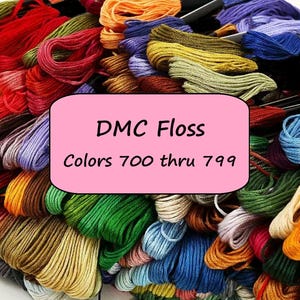 May include: A close-up image of a variety of DMC embroidery floss colors, ranging from 700 to 799. The floss is arranged in a colorful and organized display.