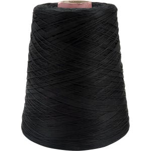 May include: A large spool of black yarn, tightly wound in a conical shape. The yarn is a solid, deep black color, and the spool has a cardboard core. Ideal for knitting, crocheting, or other yarn crafts.