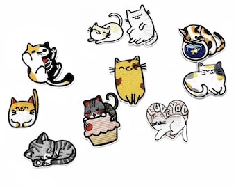Set of 10 Cat Iron-On Patches, Embroidered Kitty Patch, Kitten