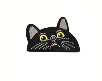 Peeking Black Cat Iron-On Patch, Embroidered Kitty Patch, Kitten, Animal