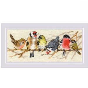 May include: A framed cross-stitch depicting six colorful birds perched on a brown branch. The birds feature various colors, including red, yellow, black, and brown. The artwork is set against a beige background and framed in white.