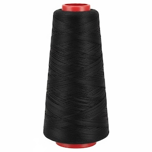 May include: A black thread spool with a red base and top. The thread is tightly wound, creating a conical shape. This sewing supply is ideal for various crafting and textile projects.
